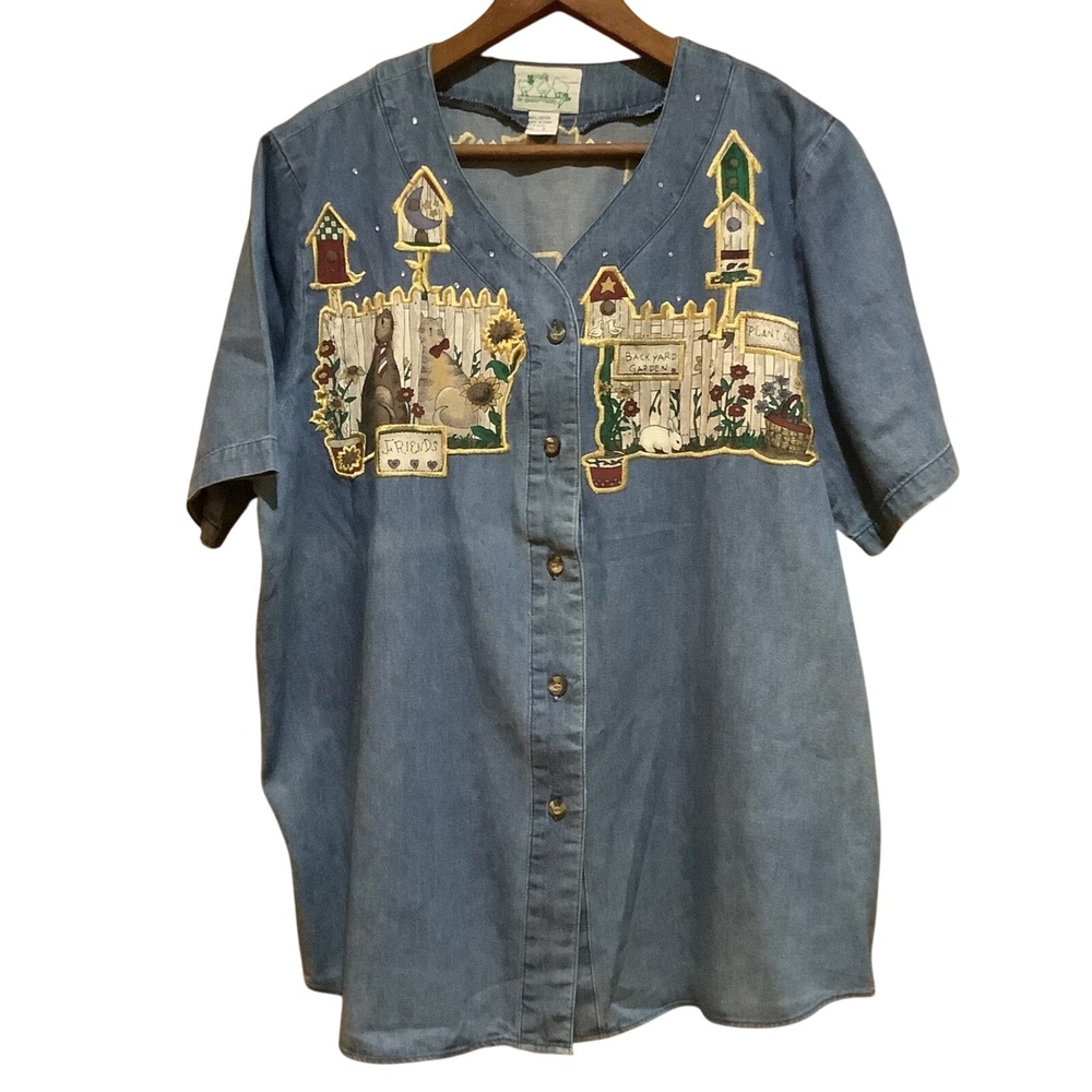 Quacker Factory Denim Shirt Button Front Size 1X Embroidered Cats Garden XL